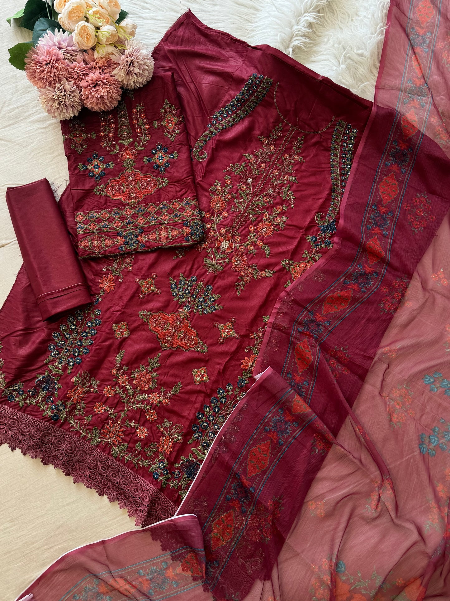 Embroidered cotton suit with chiffon dupatta - 0155