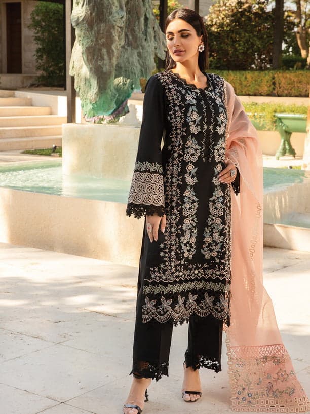 Black and peach combination rayon semi stitched suit