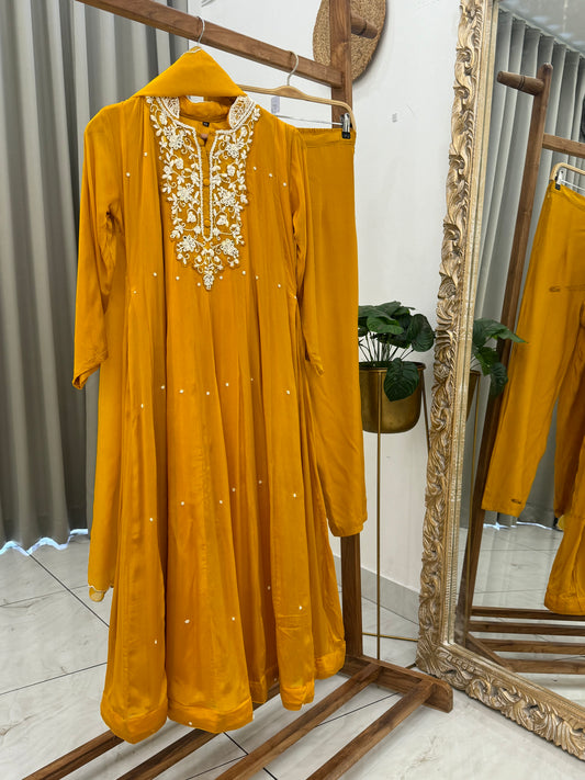 Pure chiffon pearl embellished  Anarkali-Yellow