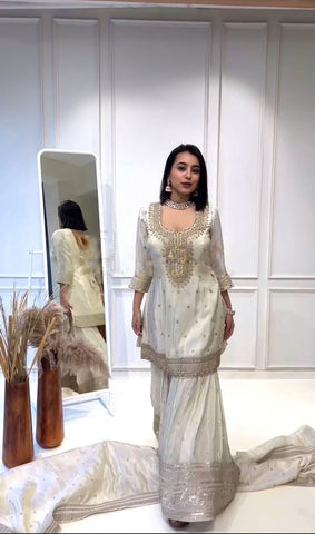 Chinnon embroidered ready to wear suit with sharara