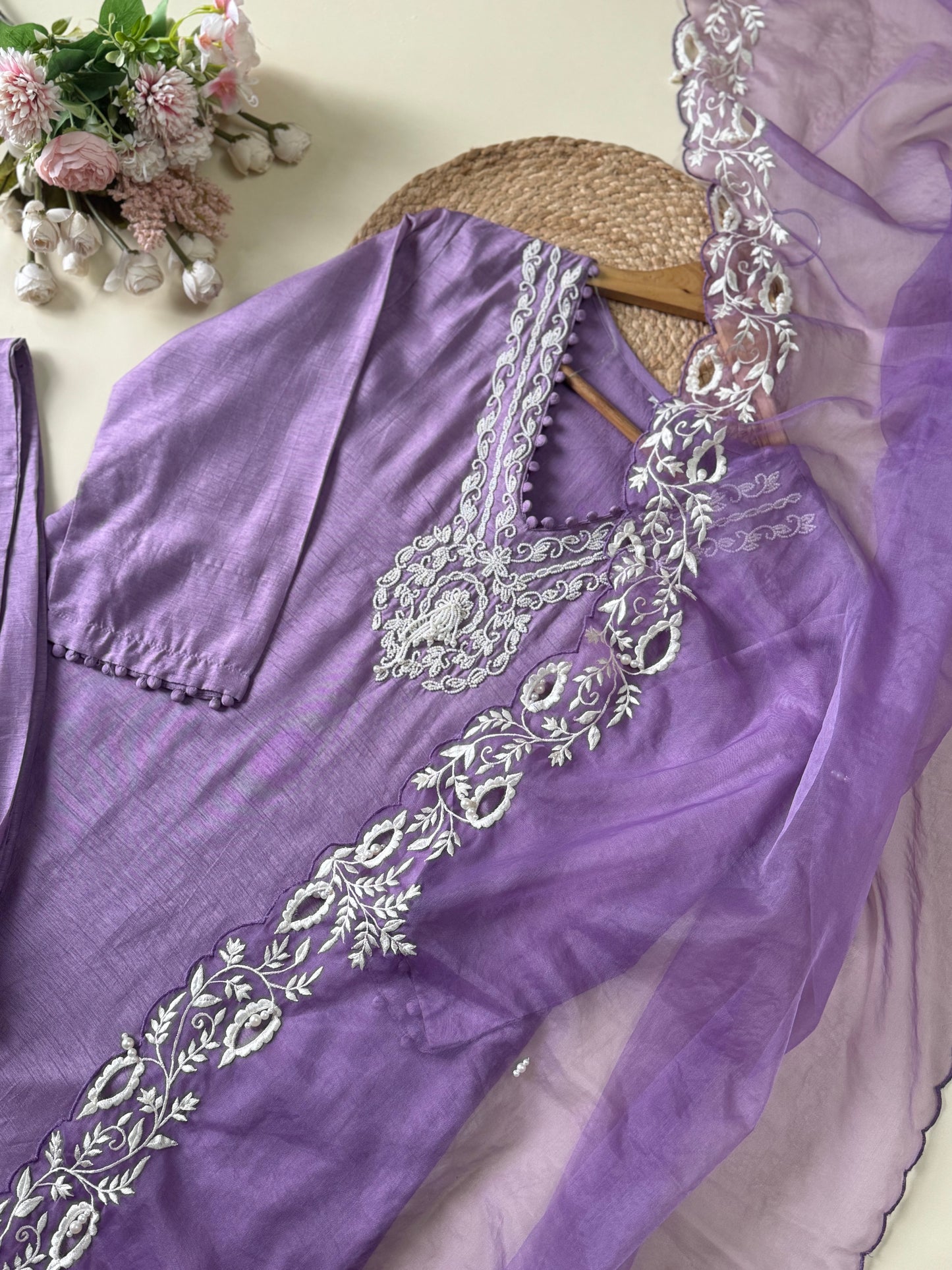 Dola silk ready to wear suit with neck detailing-color options available