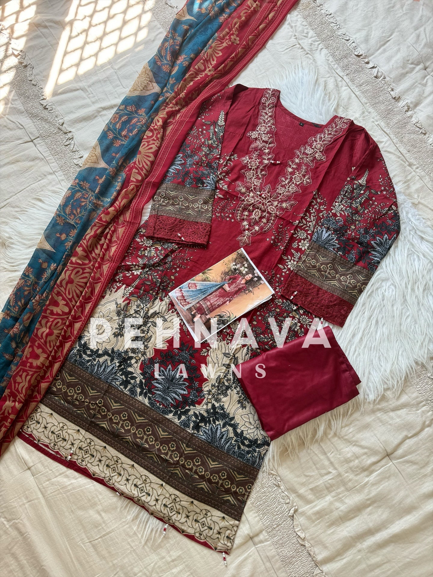 Printed cotton suit with chiffon dupatta-1004