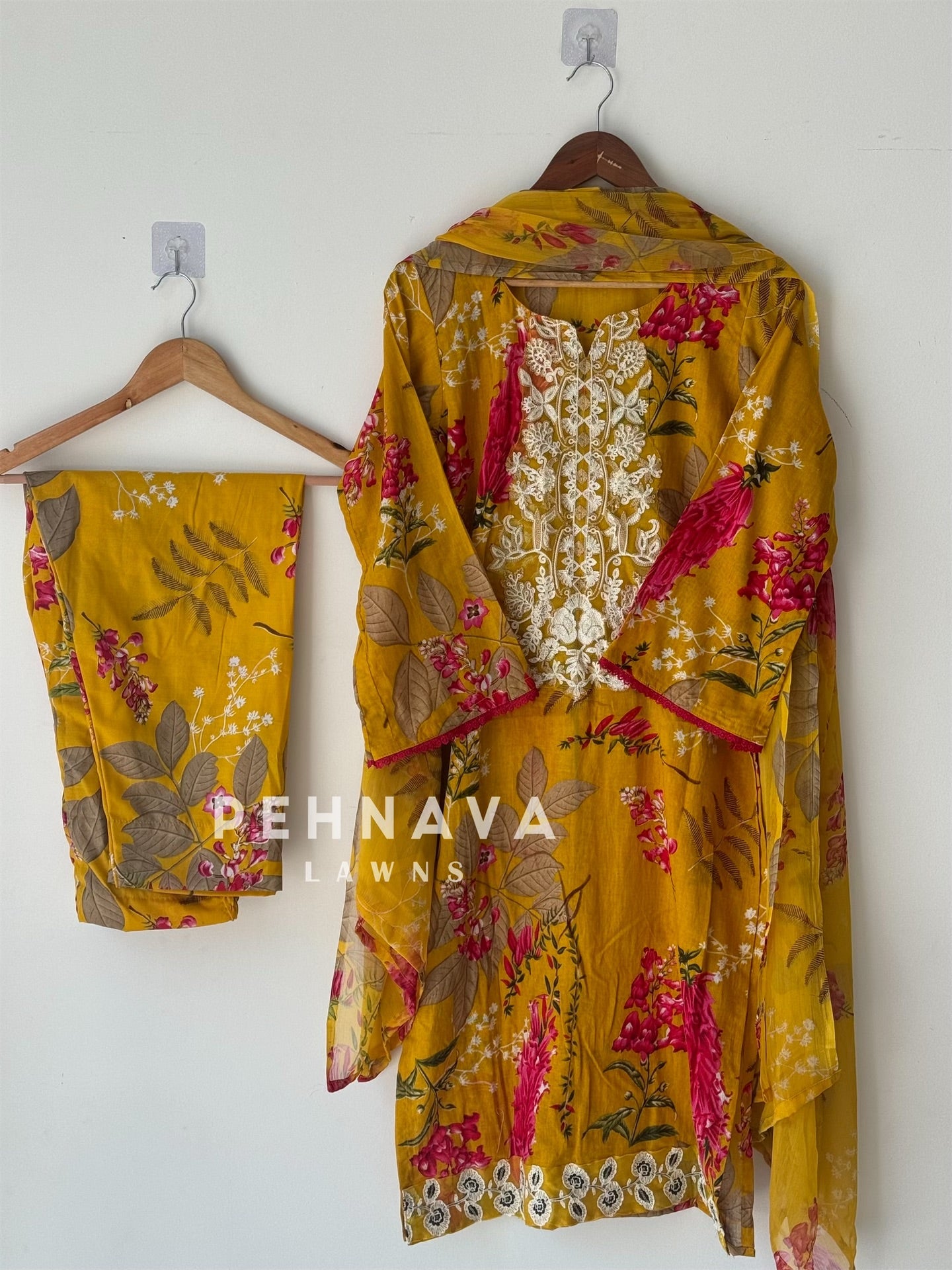 Printed casual suit with chiffon dupatta-fr yellow