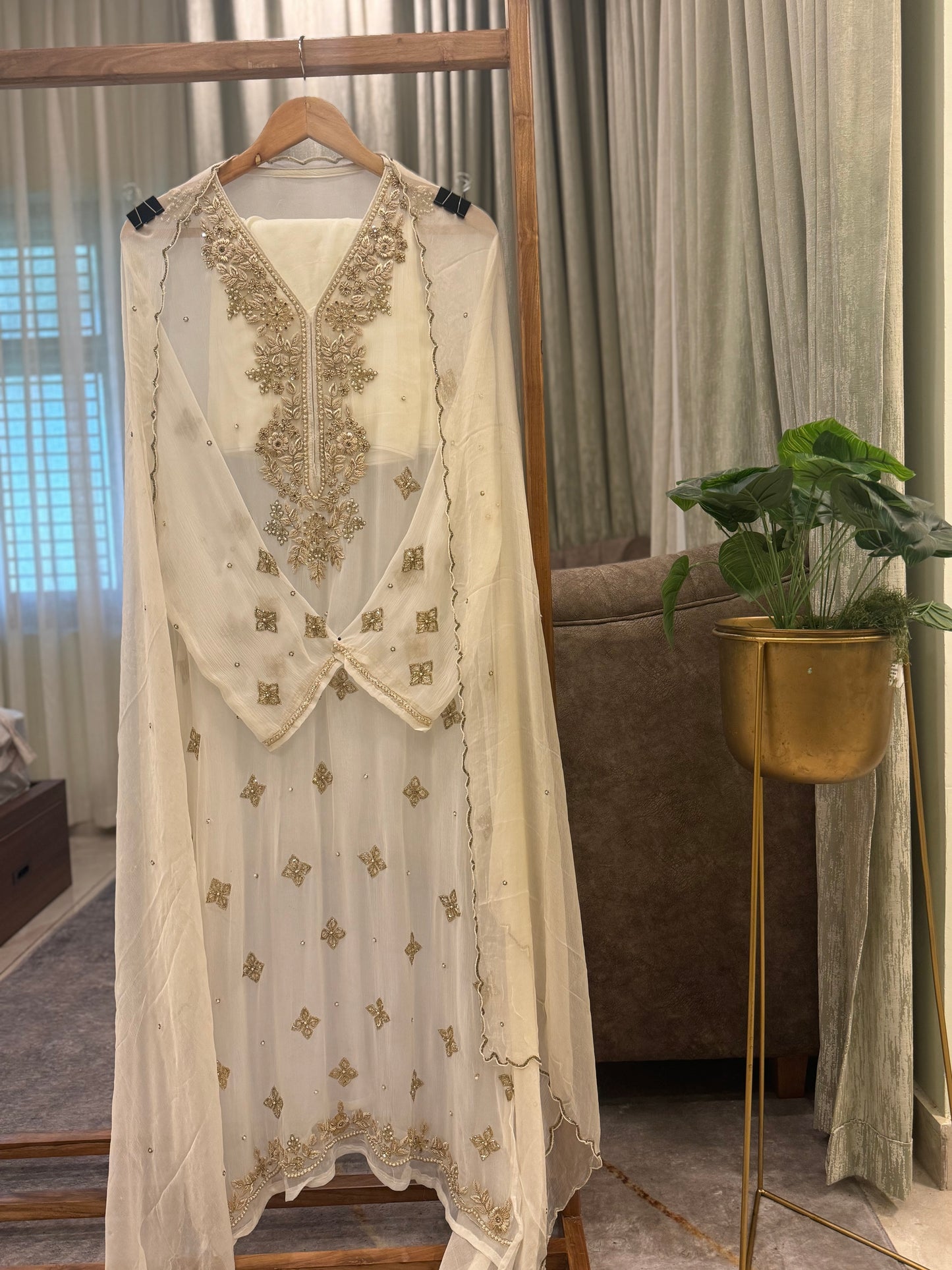 Premium Chiffon handwork suit with  bottom and chiffon scalloped dupatta-Noor