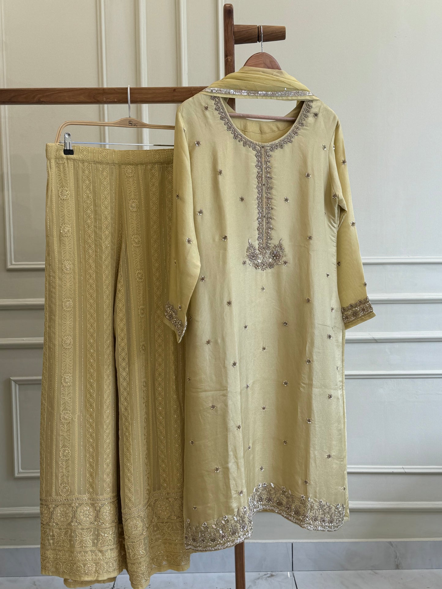 Pure Tissue hand embroidered suit with chikankari wide palazzo-9567