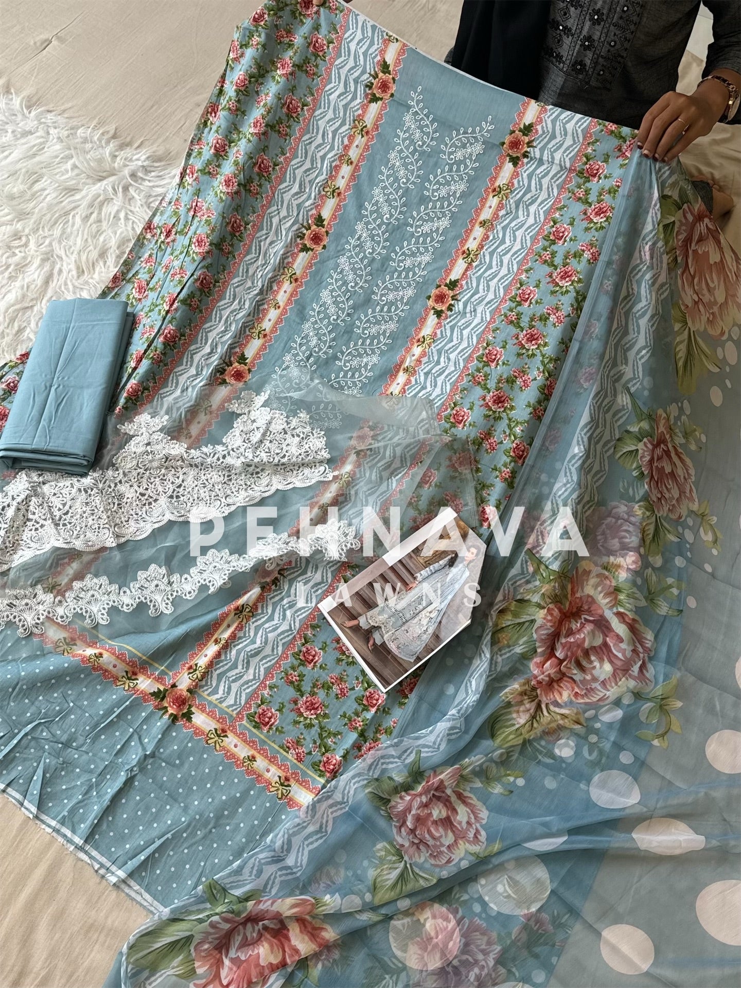 Blue Printed casual suit with chiffon dupatta-1005