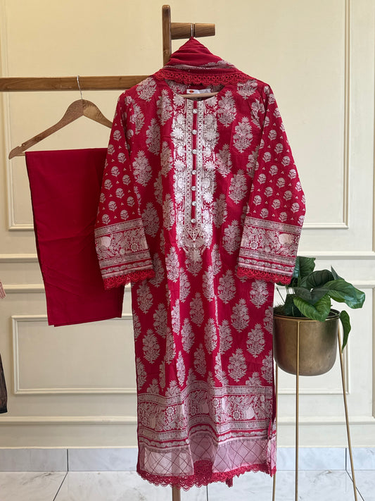 Khaadi Classic Embroidered Lawn Suit –red size M