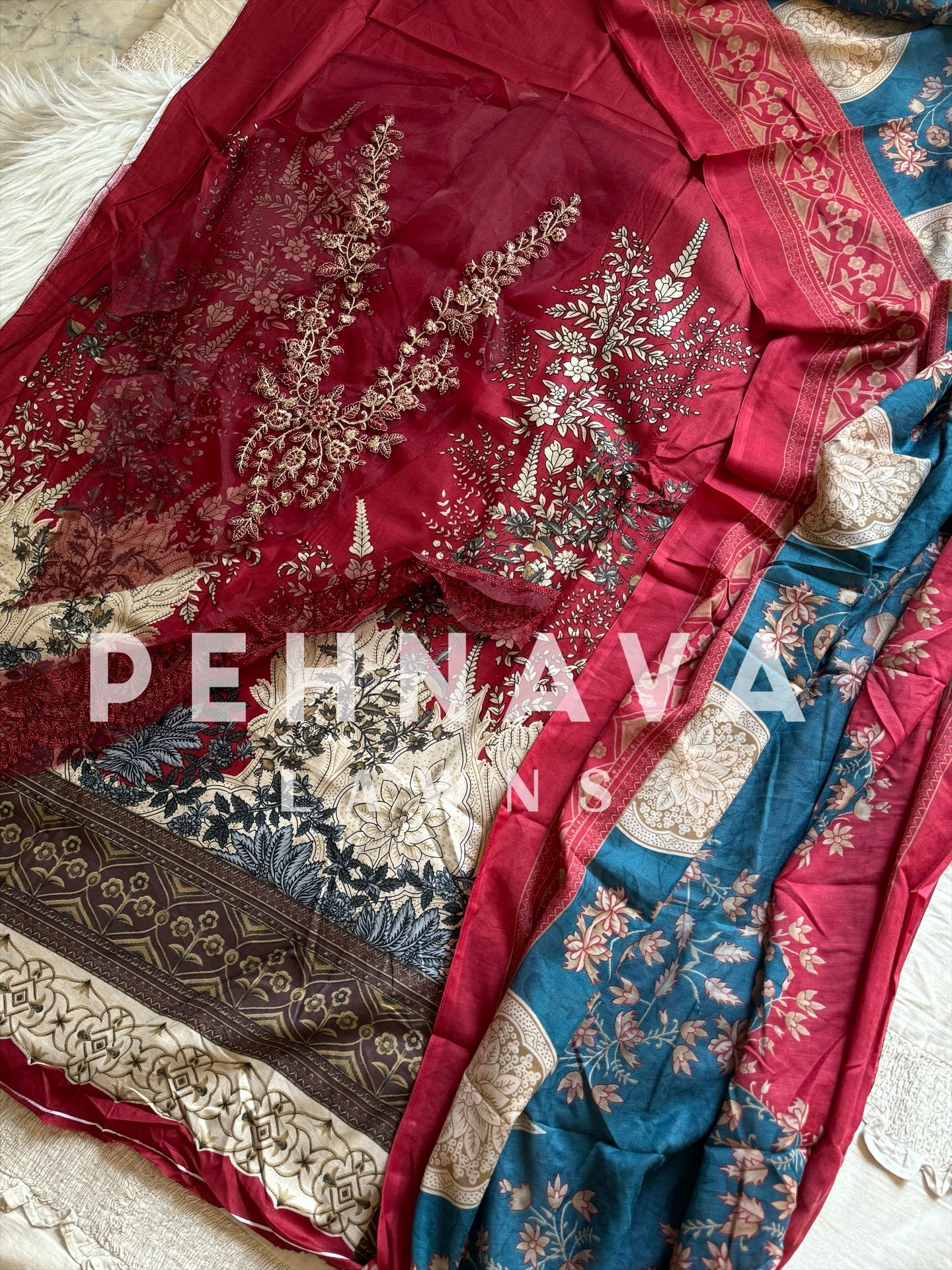 Printed casual suit with chiffon dupatta-1004 maroon