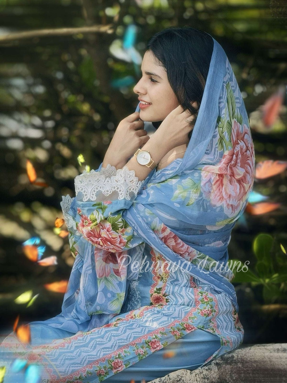 Blue Printed casual suit with chiffon dupatta-1005