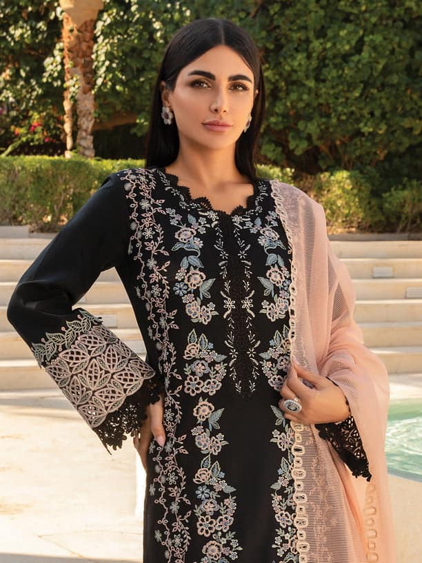 Black and peach combination rayon semi stitched suit