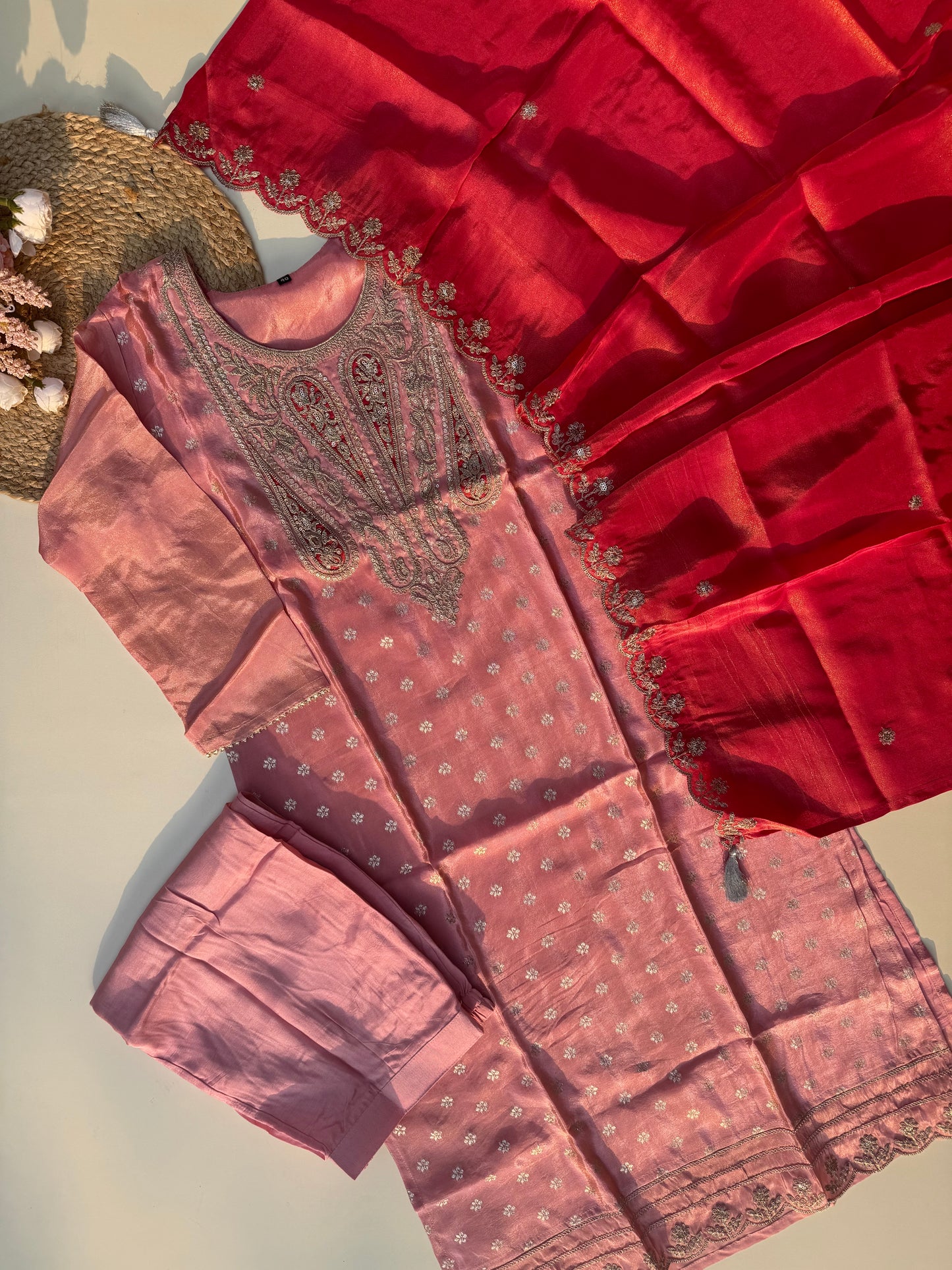 Pink Tissue ready to wear suit with scalloped dupatta