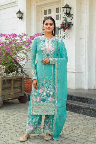 Chinnon embroidered ready to wear suit with wide palazzos-3 color options