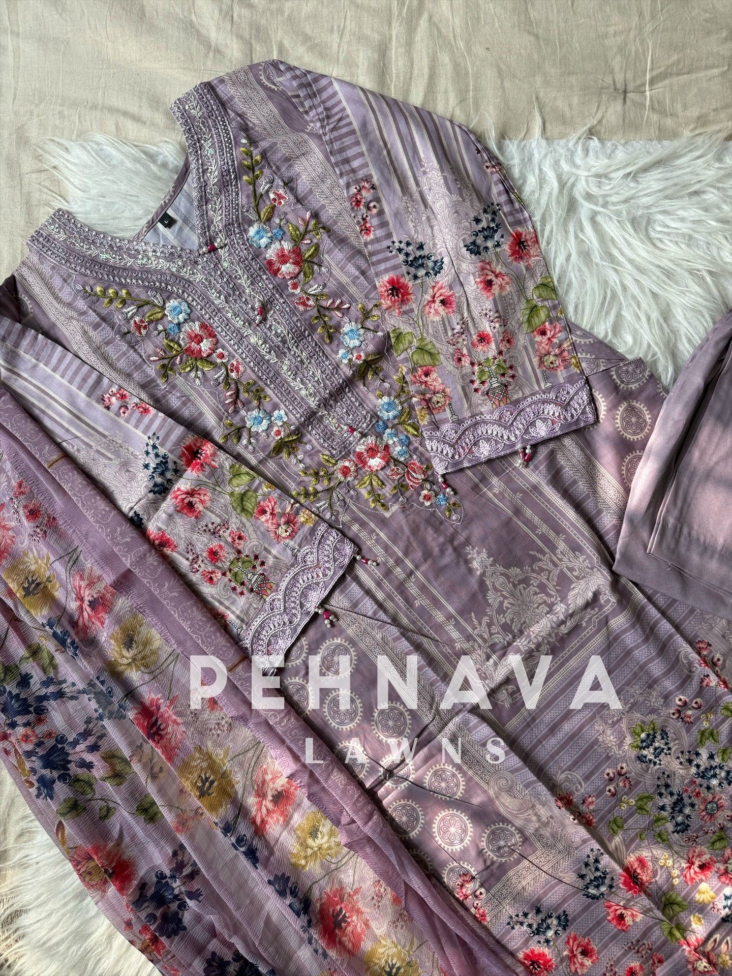 Paki printed suit with embroidered patches -1001