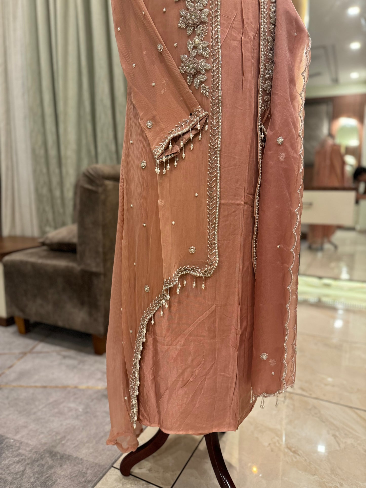 Premium Chiffon handworee jacket style with scalloped organza dupatta