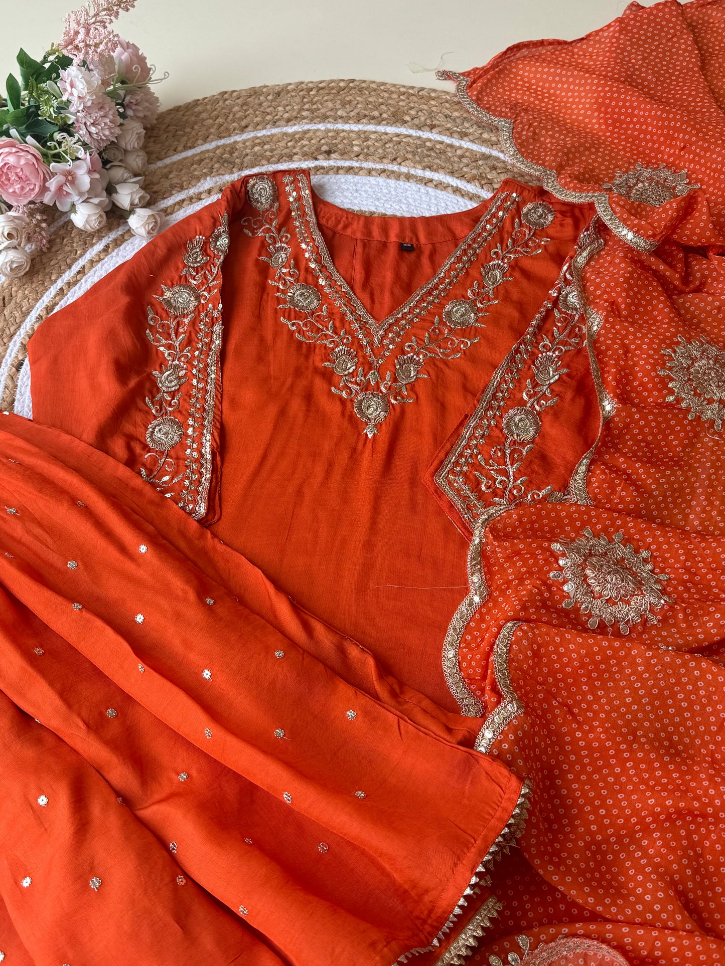 Rust orange silk suit with sharara and embroidered dupatta-4194