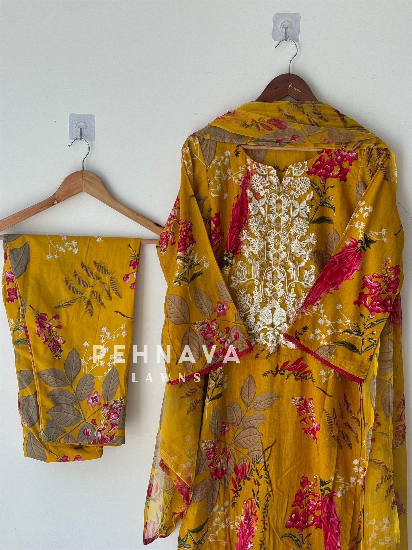 Printed casual suit with chiffon dupatta-fr yellow