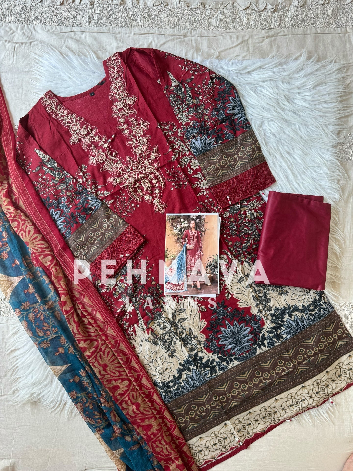 Printed cotton suit with chiffon dupatta-1004