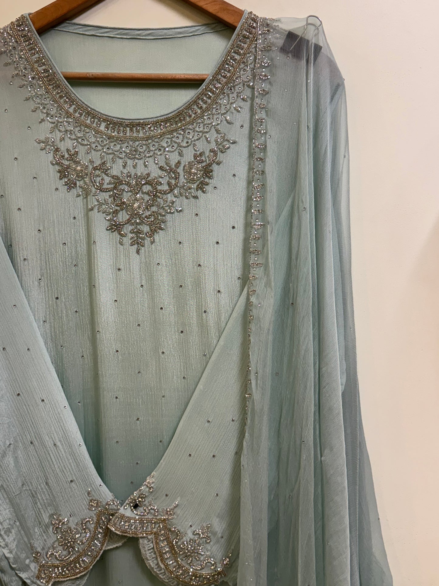 Premium chiffon handwork semi-stitched suit-pastel green