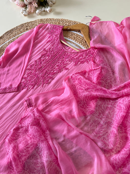 Pure viscose organza with Chikankari embroidery-pink