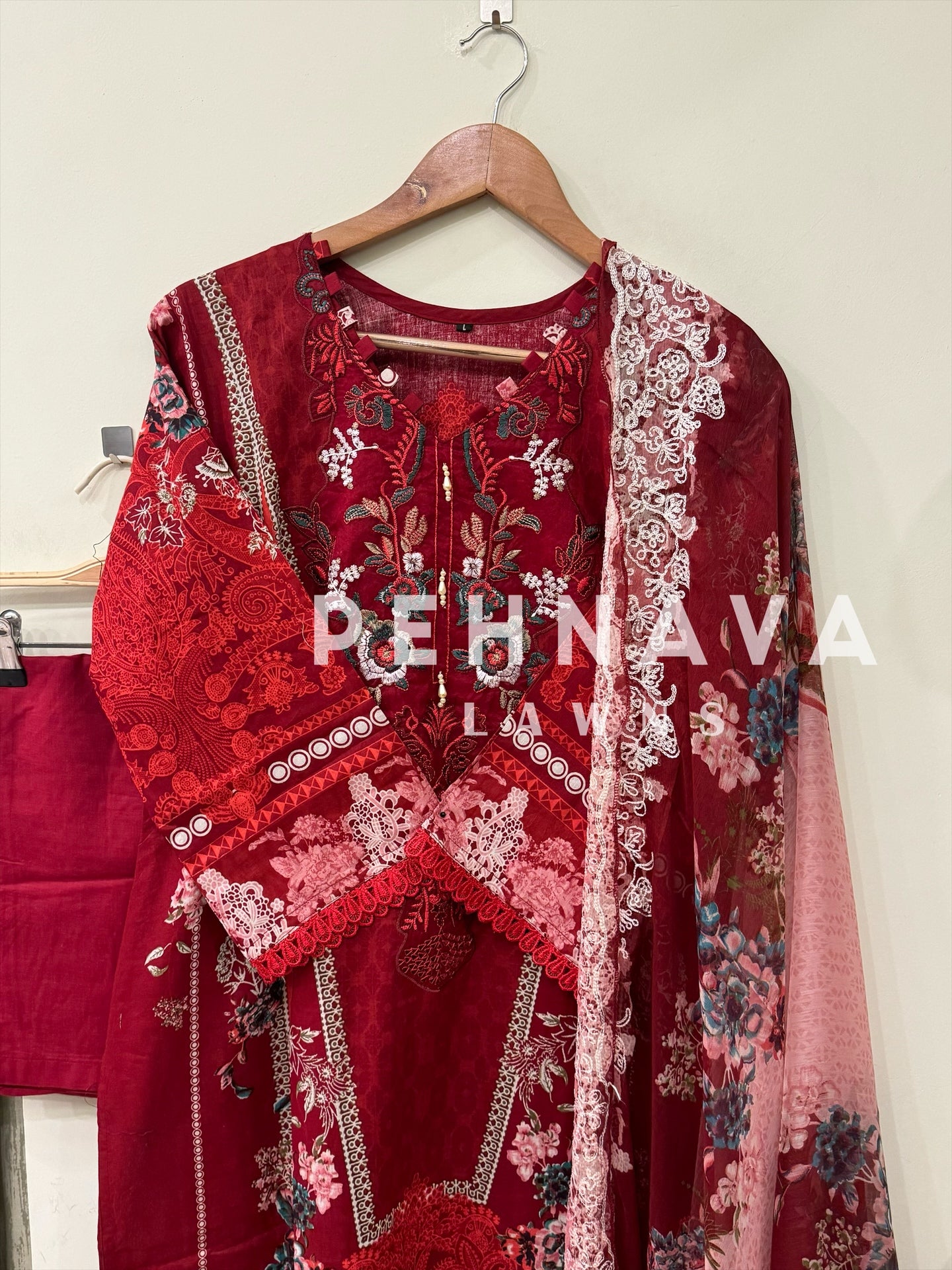 Embroidered suit with embroidered dupatta-3354 red