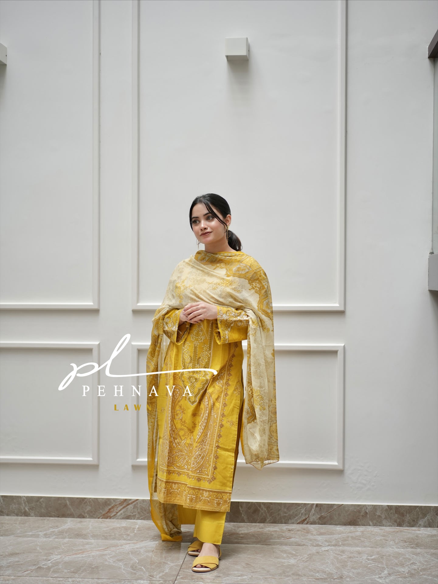 Printed yellow casual suit with chiffon dupatta-3197