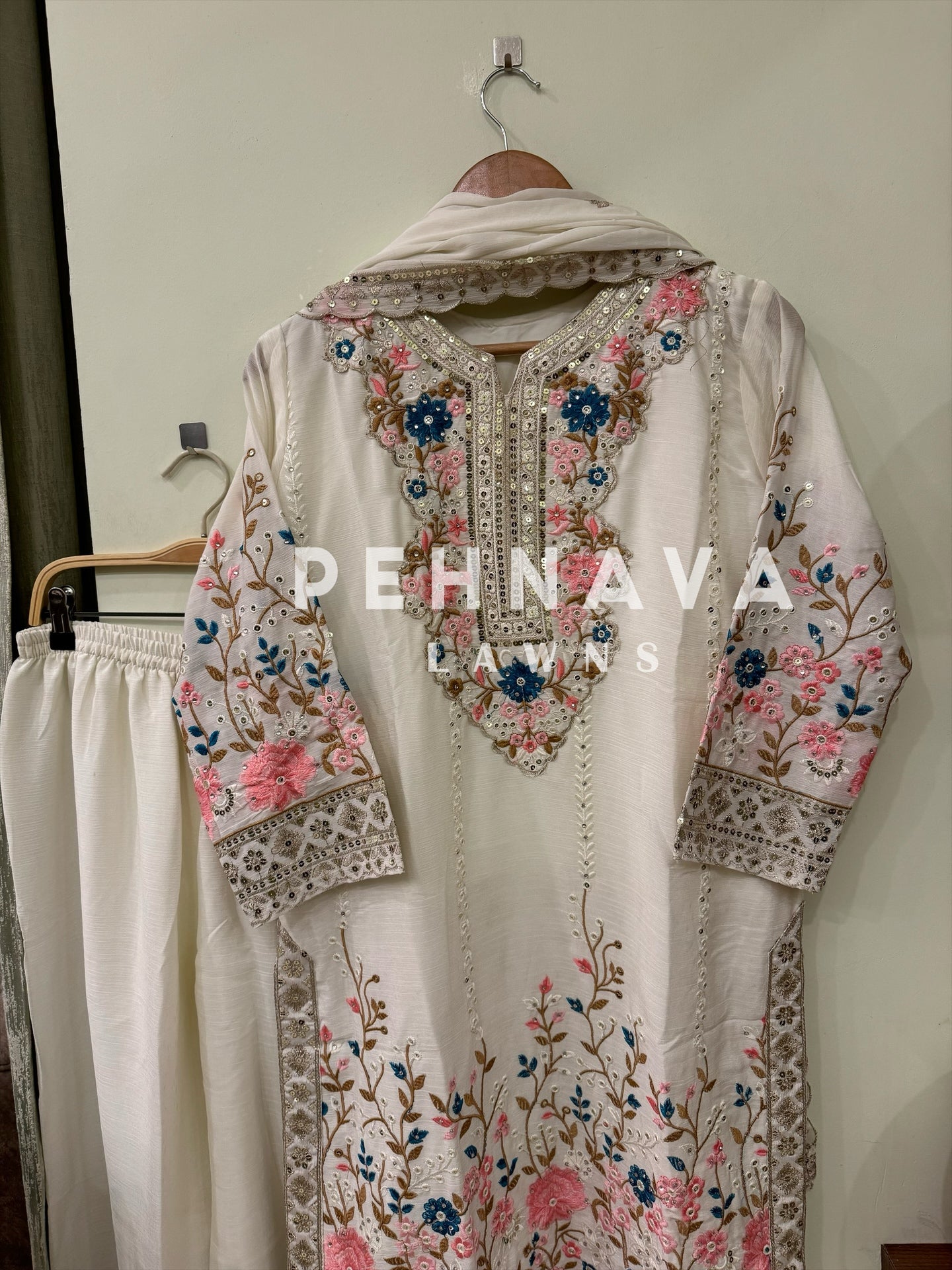 Chinnon embroidered ready to wear suit with wide palazzos-3 color options