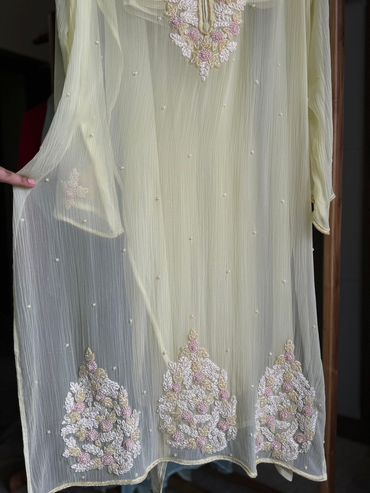 Premium chiffon handwork semi-stitched suit-Lemon yellow