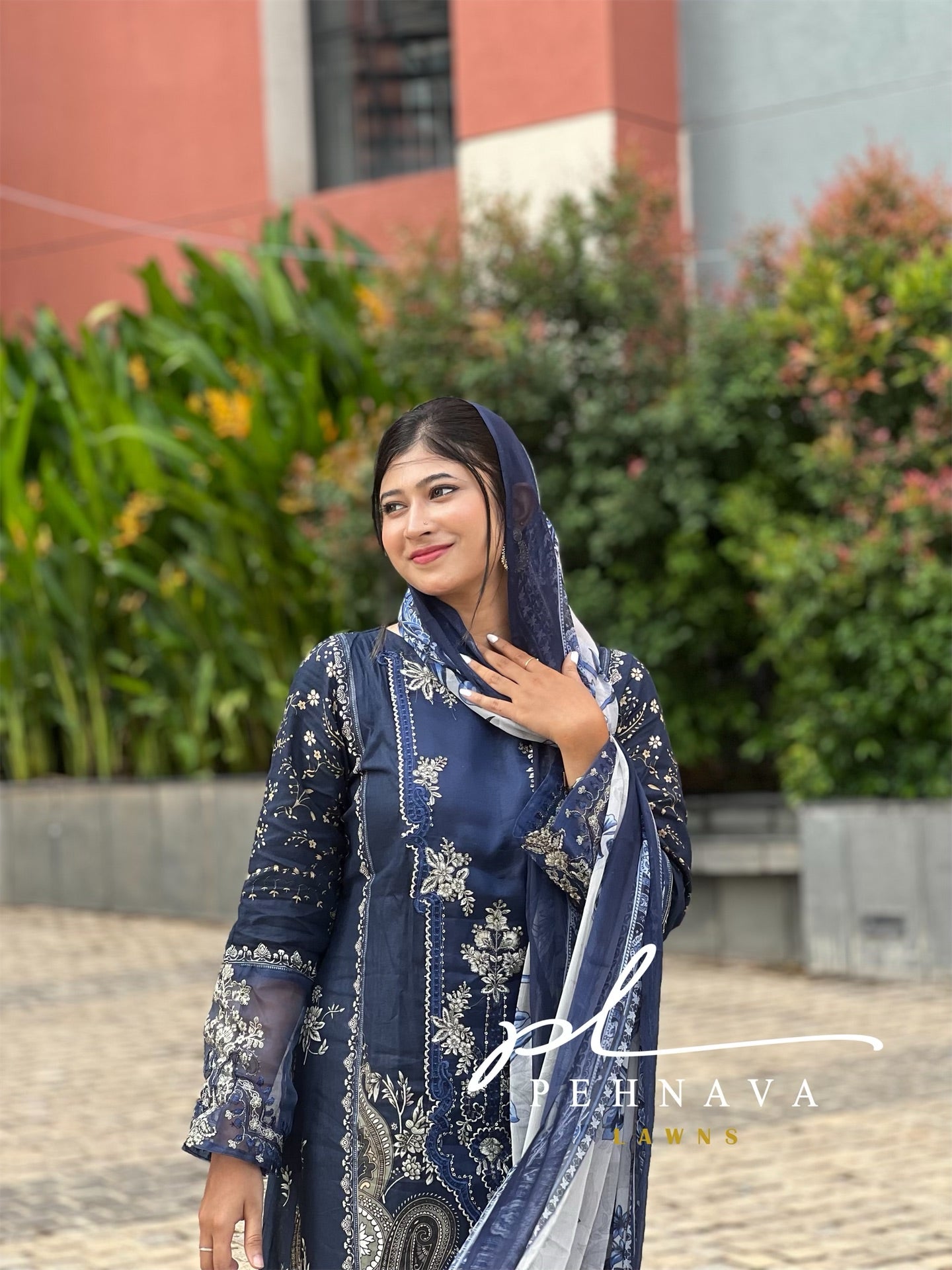 Stitched Navy blue Printed casual suit with chiffon dupatta -496