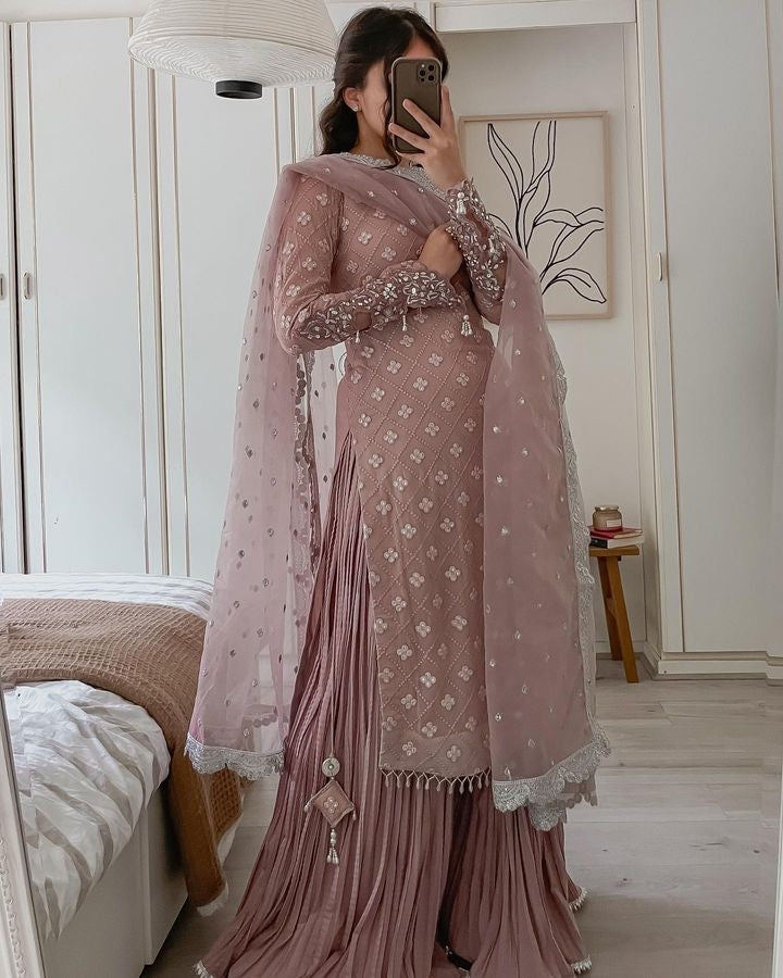 Designer party wear long pakistani suit-mauve