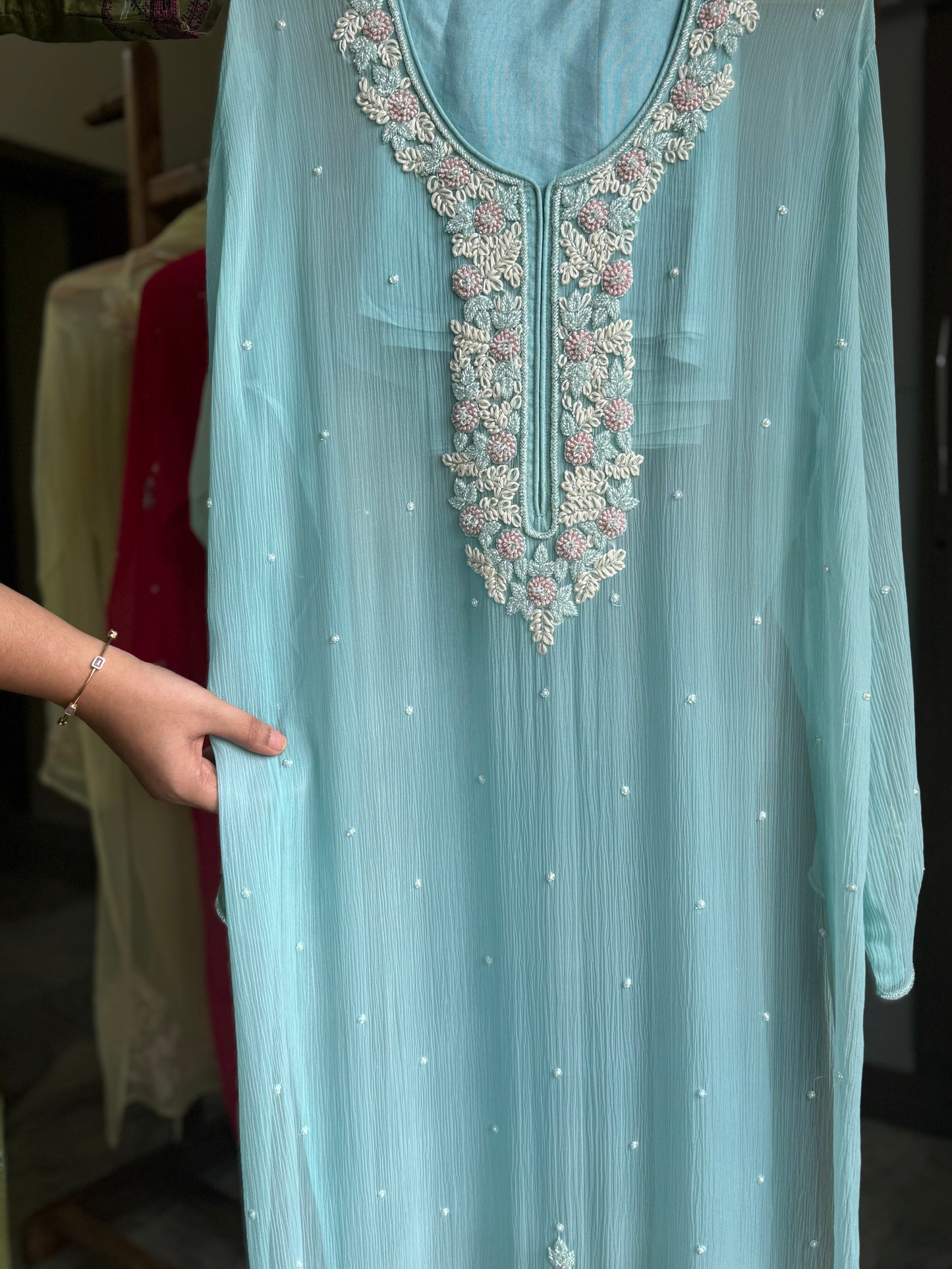 Premium chiffon handwork semi-stitched suit-blue