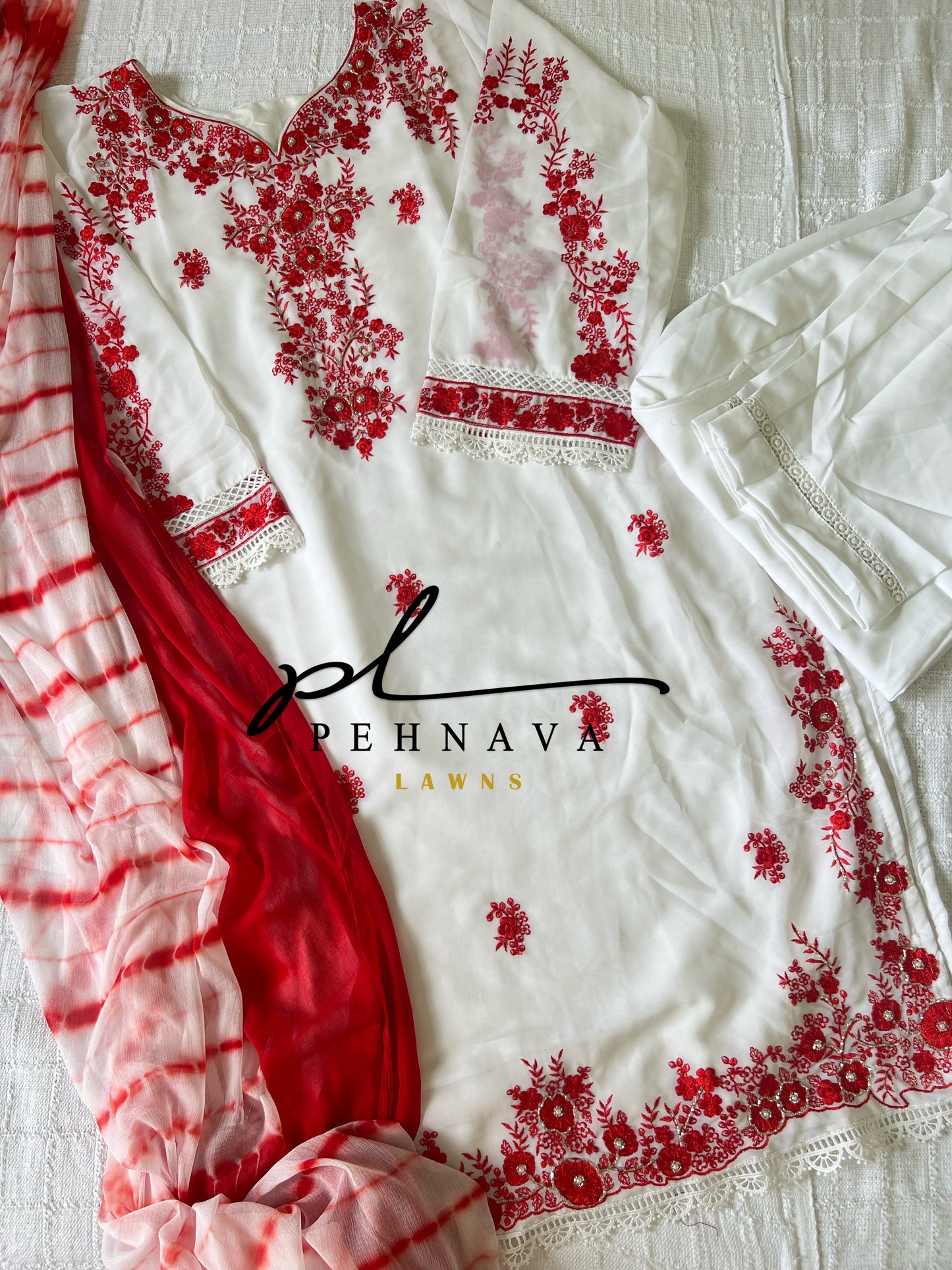 White and red handworked georgette suit