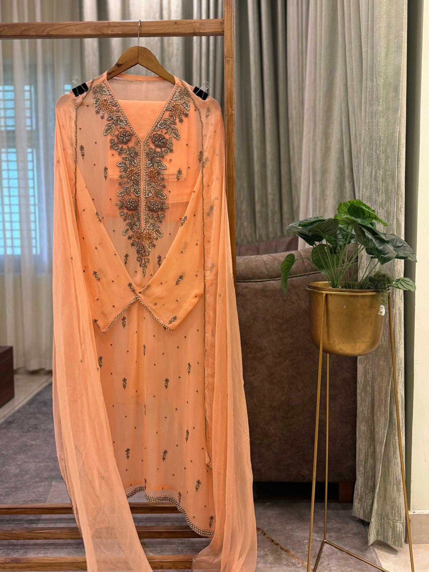 Premium Chiffon handwork suit with  bottom and chiffon scalloped dupatta