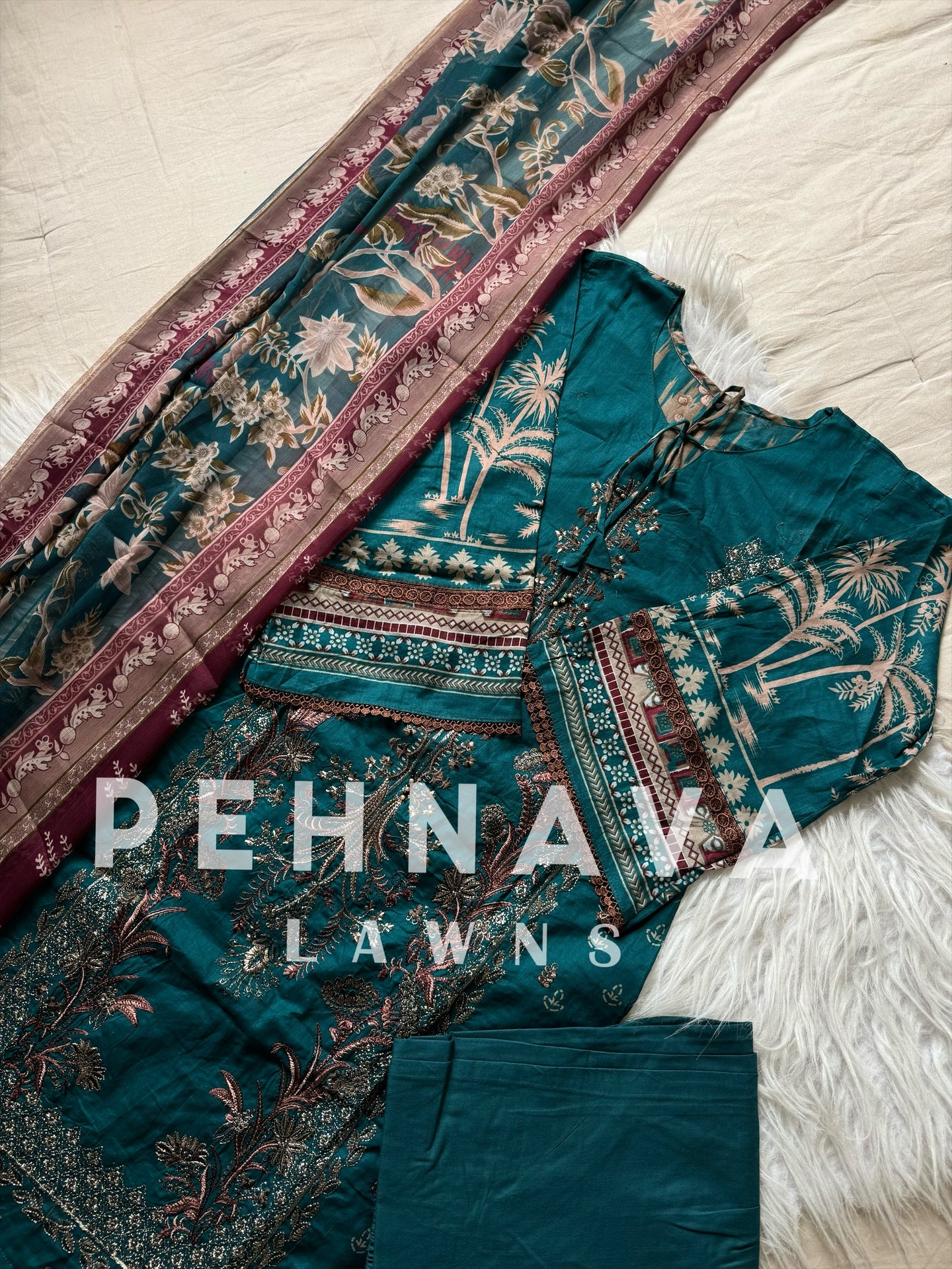 Embroidered cotton suit with chiffon dupatta -color options