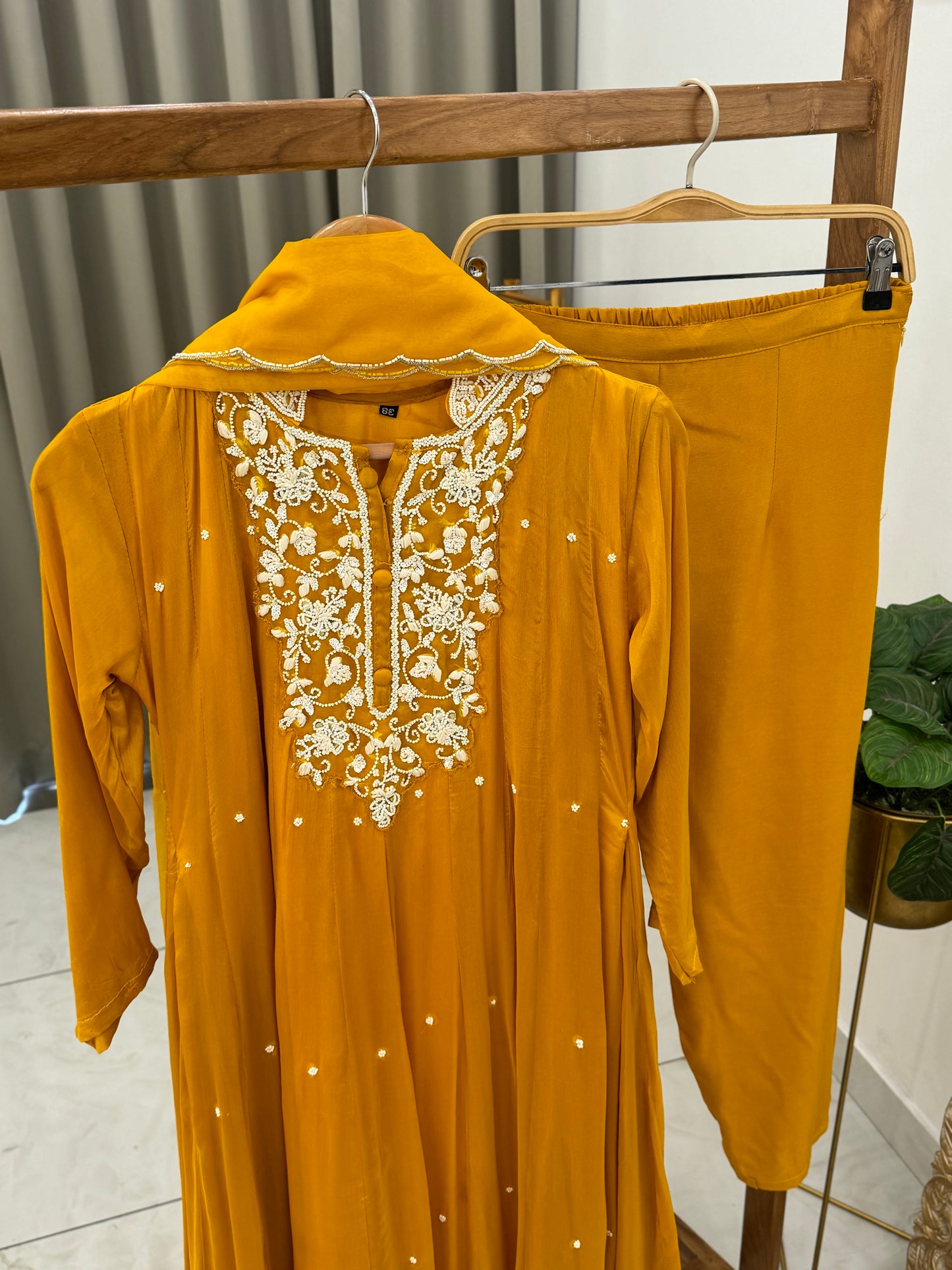 Pure chiffon pearl embellished  Anarkali-Yellow