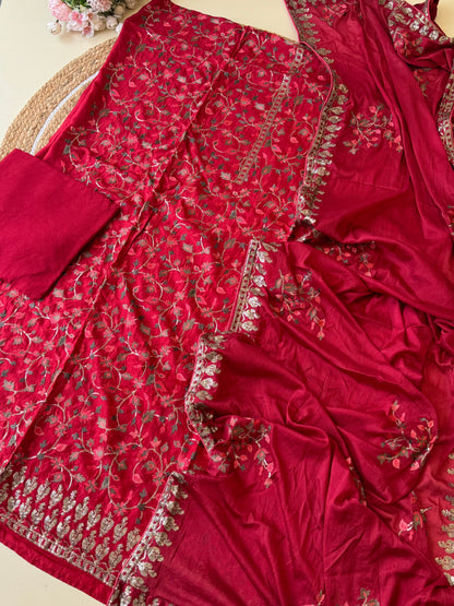 Chandheri silk embroidered suit with zari embroidery and chinnon dupatta