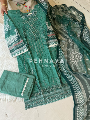 Cotton embroidered with chiffon Dupatta -3433 green