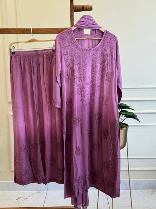 Authentic chikankaari embroidered suit-purple ombre