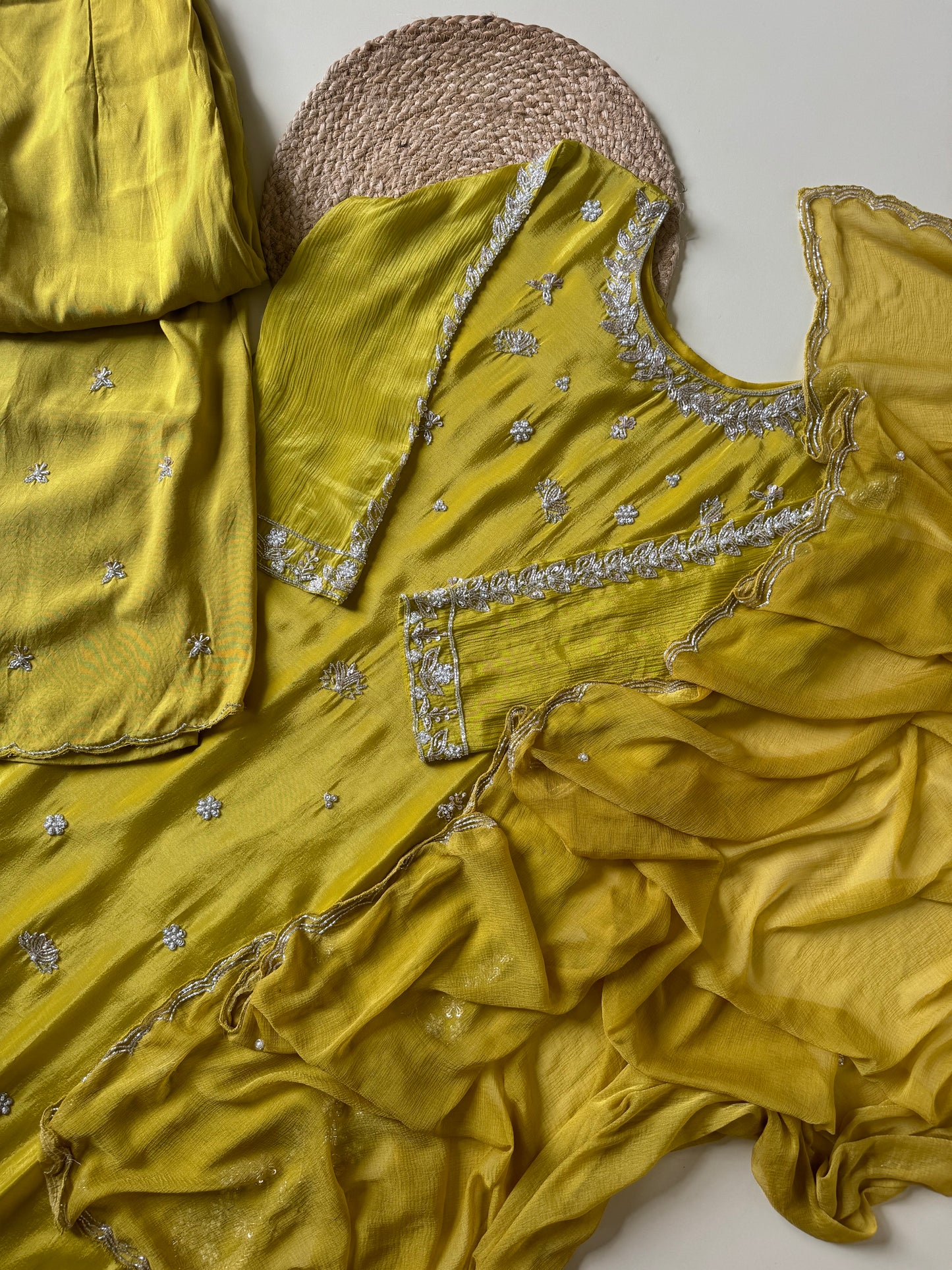 chinnon stitched suit with hand work detailings-yellow