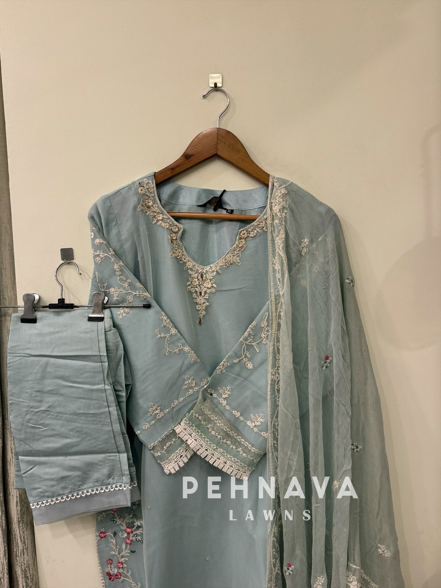 Embroidered chiffon suit with handwork detailing-1223