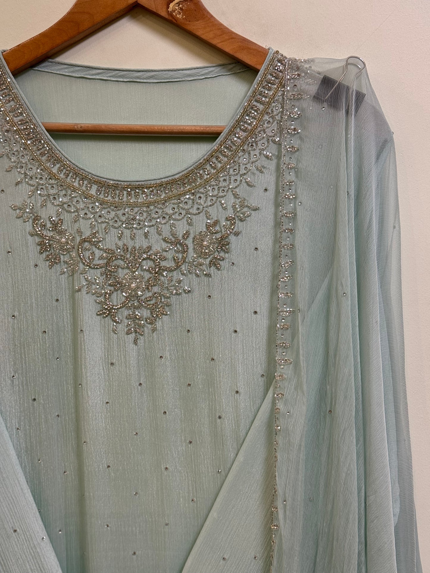 Premium chiffon handwork semi-stitched suit-pastel green