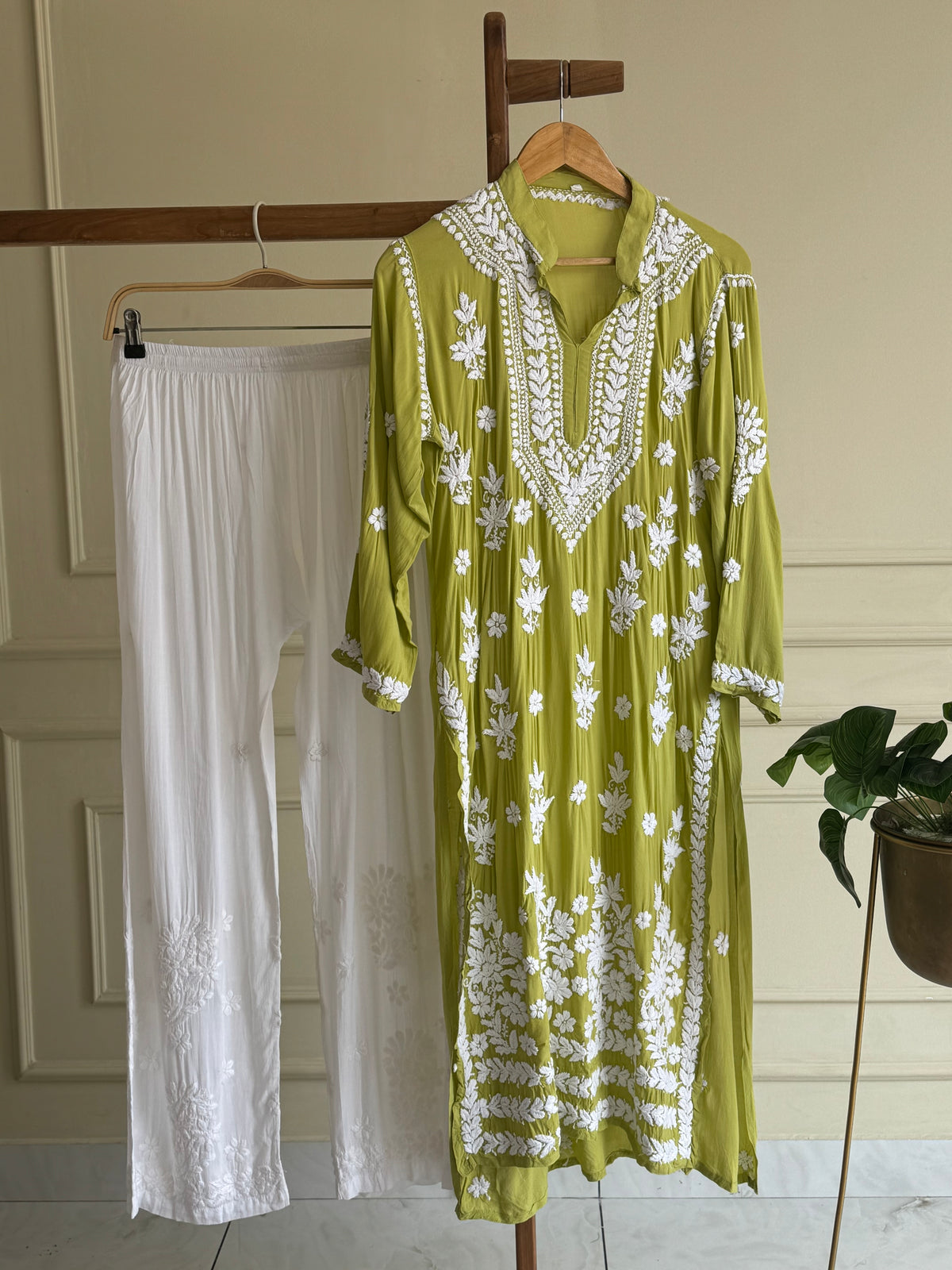 Authentic chikankaari embroidered suit-Lime green