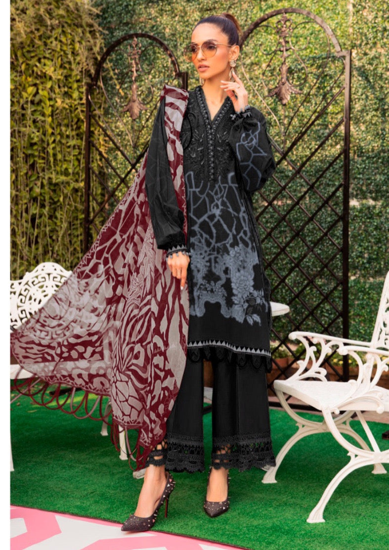 Green Printed casual suit with chiffon dupatta