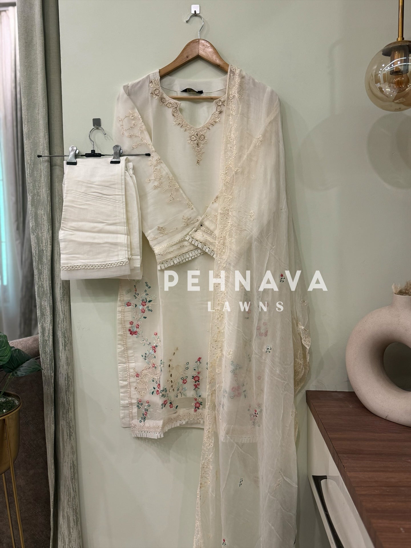 Embroidered chiffon suit with handwork detailing-1223