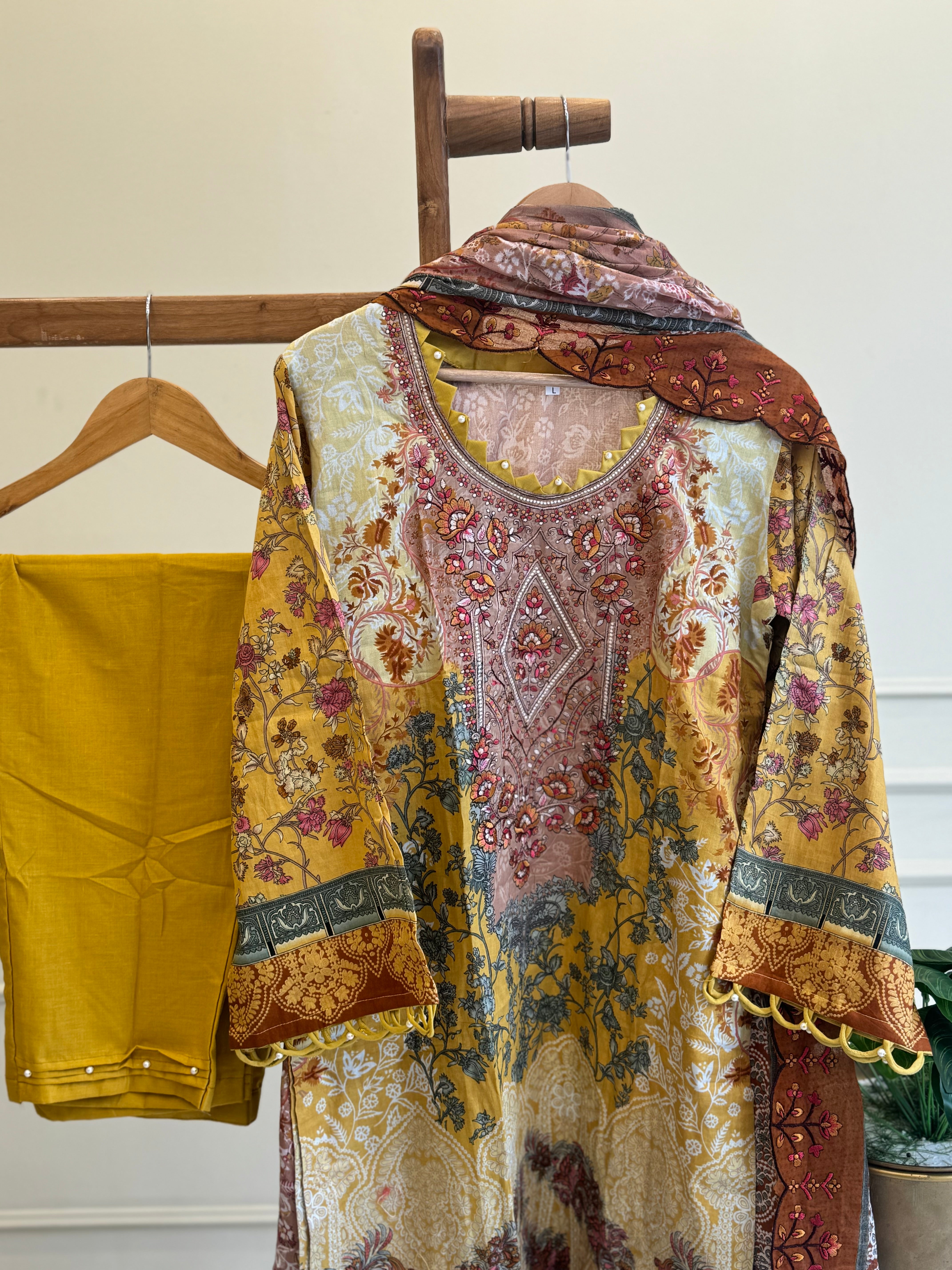 Embroidered casual suit with cotton embroidered dupatta-yellow