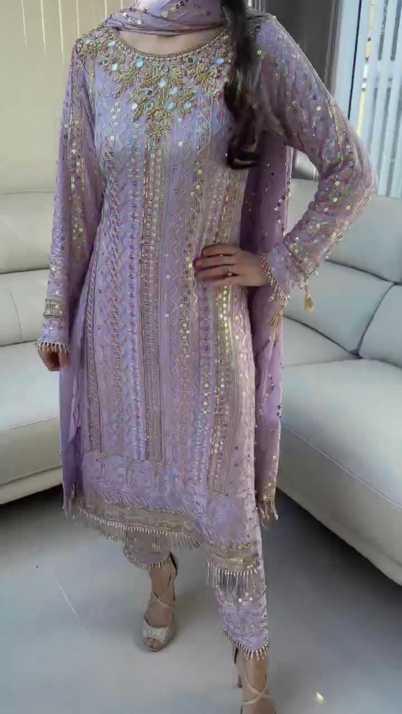 Lavender Embroidered georgette suit with mirror embroidery and moti latkan