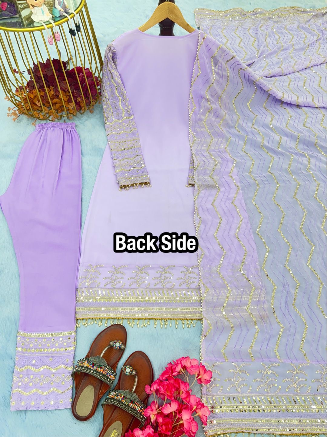 Lavender Embroidered georgette suit with mirror embroidery and moti latkan