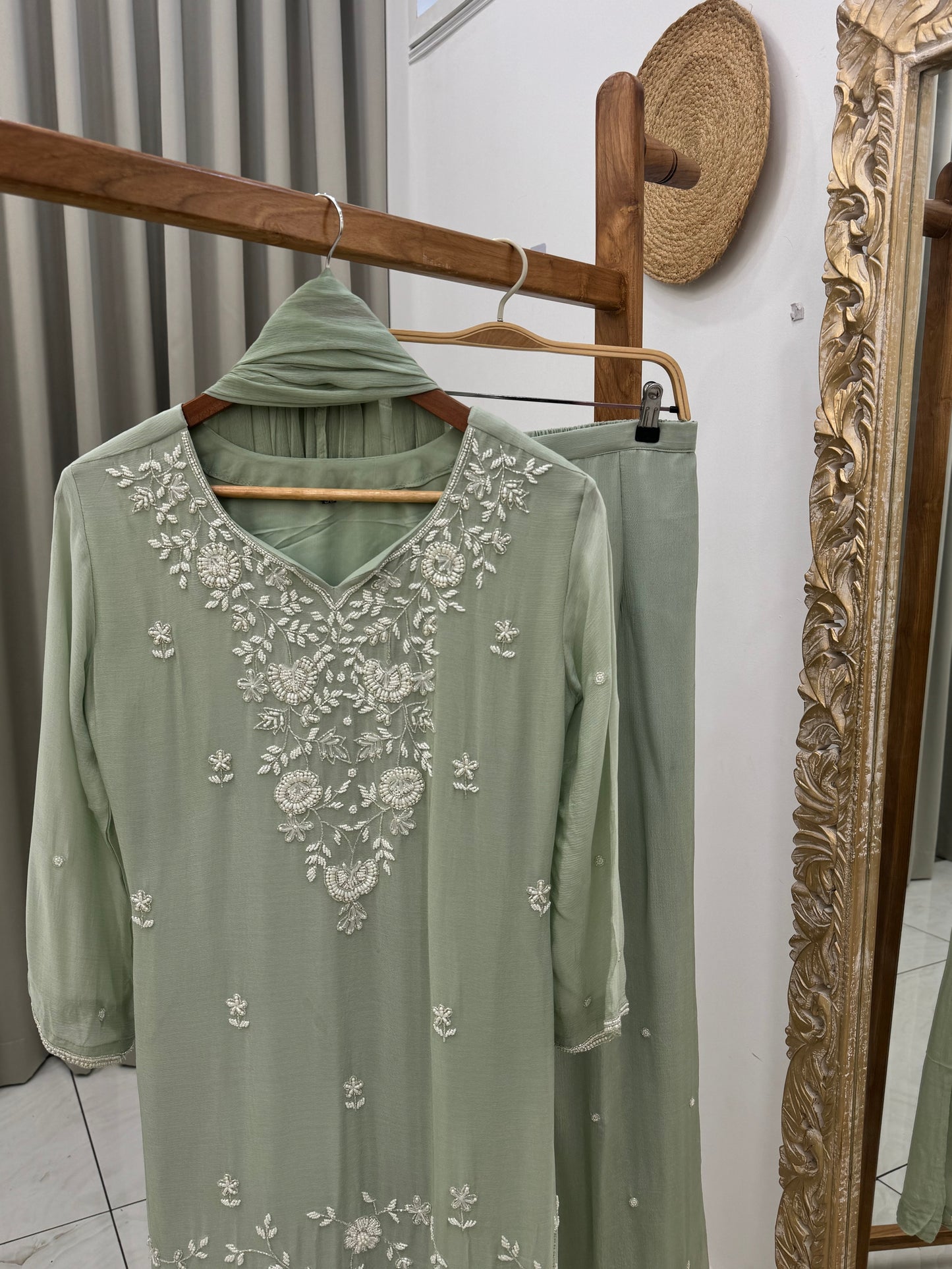 Chinnon handworked suit with embroidered wide palazzo-color options available