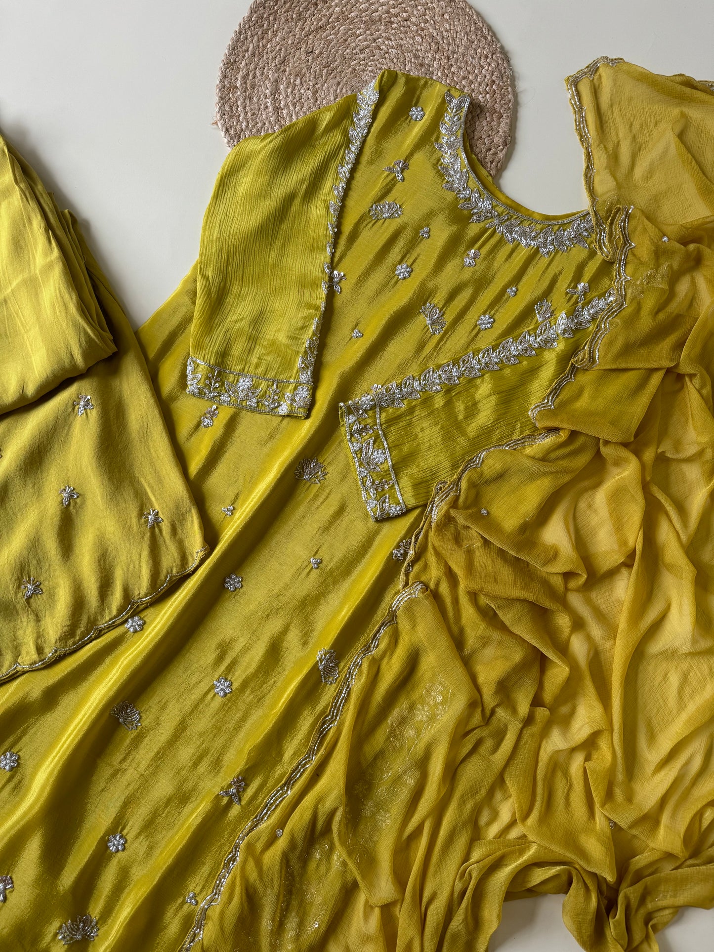 chinnon stitched suit with hand work detailings-yellow