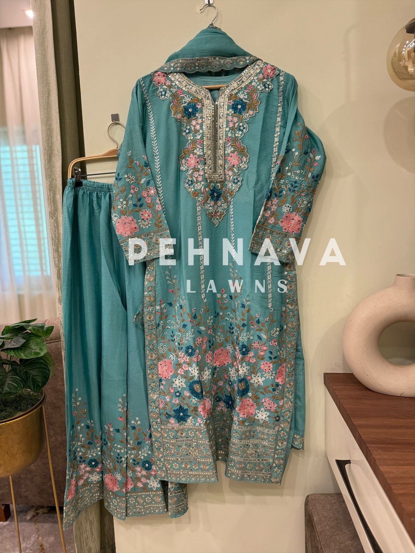 Chinnon embroidered ready to wear suit with wide palazzos-3 color options