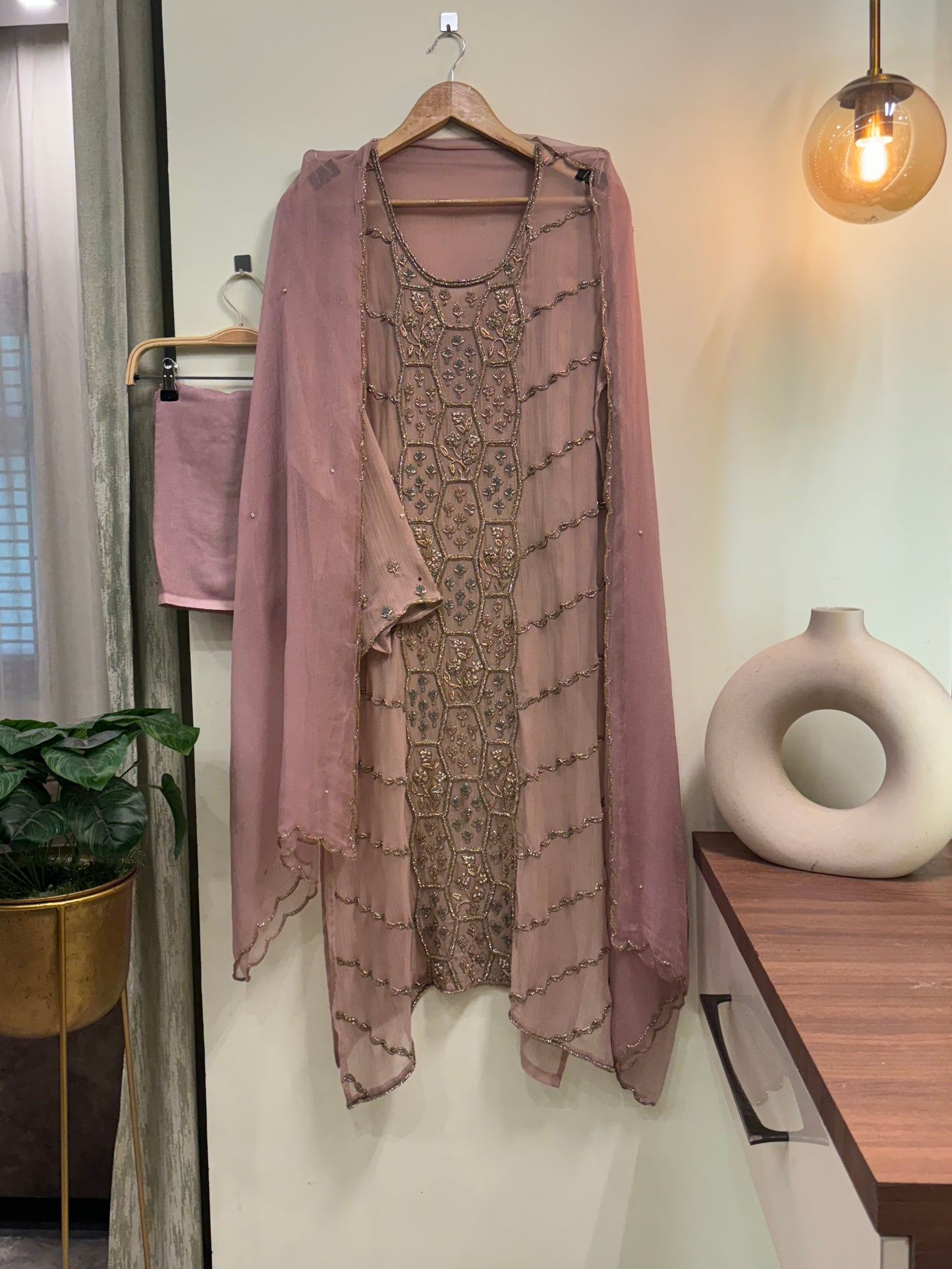 Premium chiffon handwork semi-stitched suit-mauve